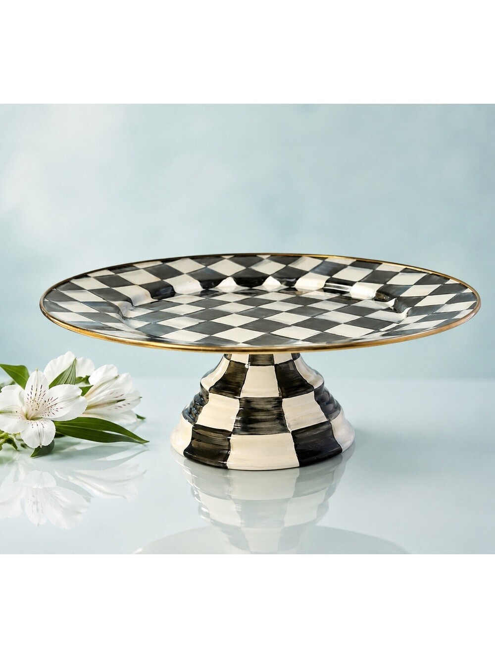 MacKenzie-Childs 2000s Pedestal Cake Stand Courtly Check Enamel Black White, 16”